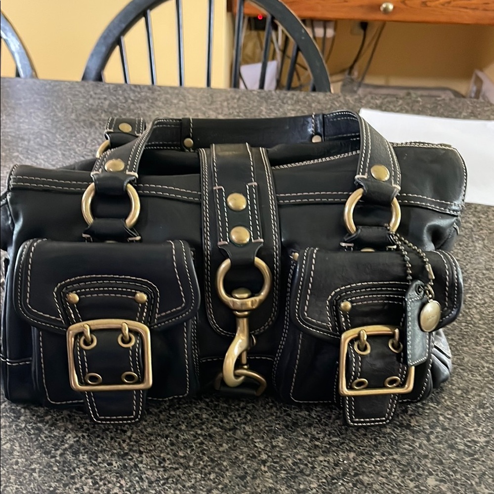 Coach Black and Gold Satchel with Leather Finish